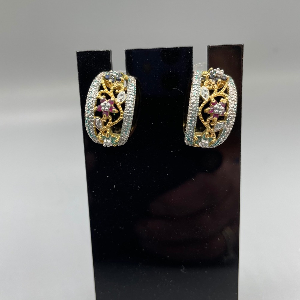 Two Tone Floral Filigree‎ J Hoop Earrings Multi Color CZ 925 Sterling Silver
